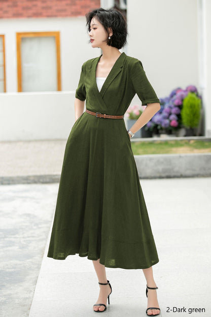 Navy Linen Midi Dress: Wrap V-Neck A-Line Half Sleeve Dress, Custom, Xiaolizi 5979