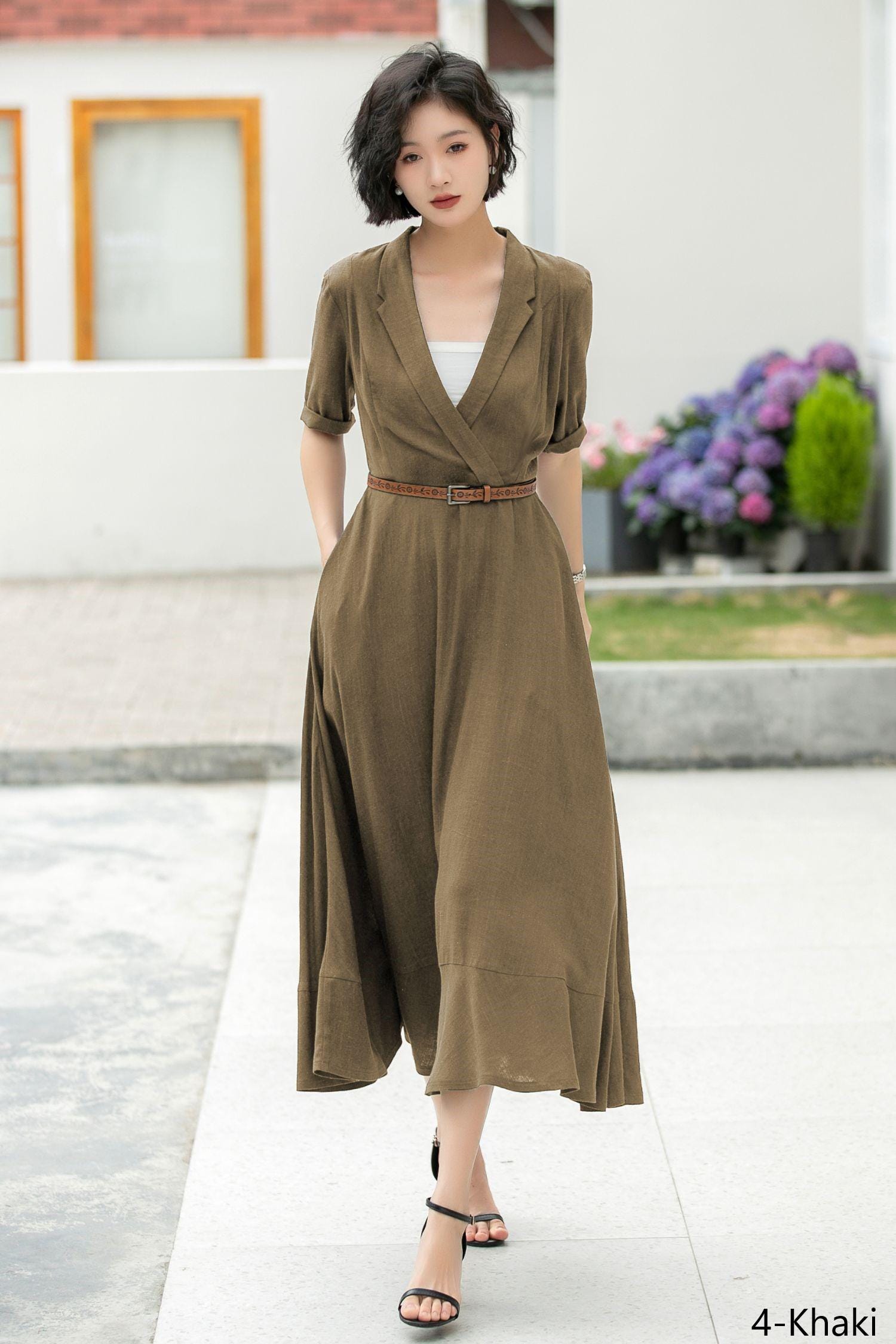 Navy Linen Midi Dress: Wrap V-Neck A-Line Half Sleeve Dress, Custom, Xiaolizi 5979