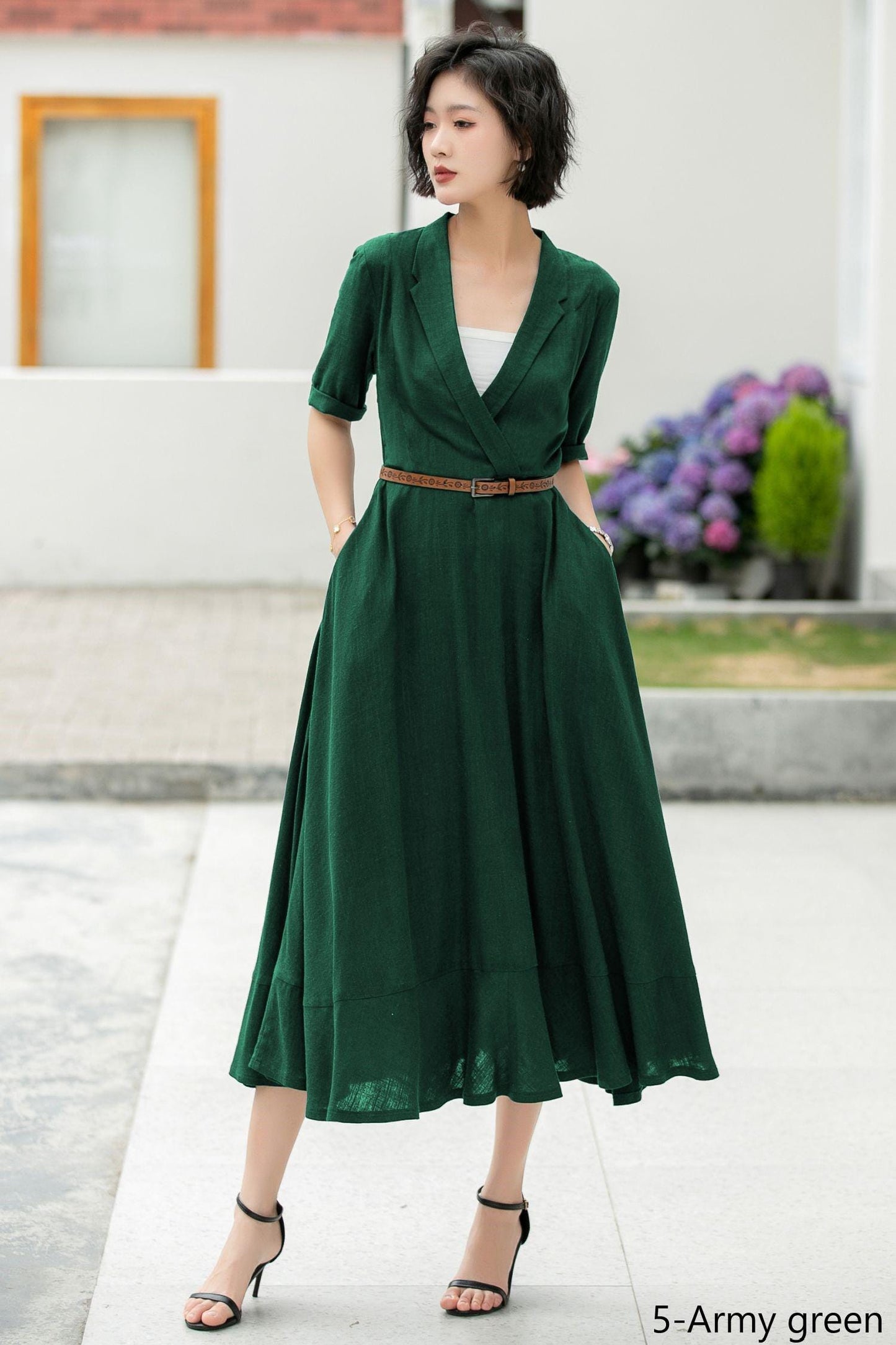 Navy Linen Midi Dress: Wrap V-Neck A-Line Half Sleeve Dress, Custom, Xiaolizi 5979