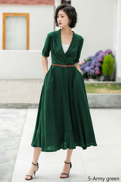 Navy Linen Midi Dress: Wrap V-Neck A-Line Half Sleeve Dress, Custom, Xiaolizi 5979