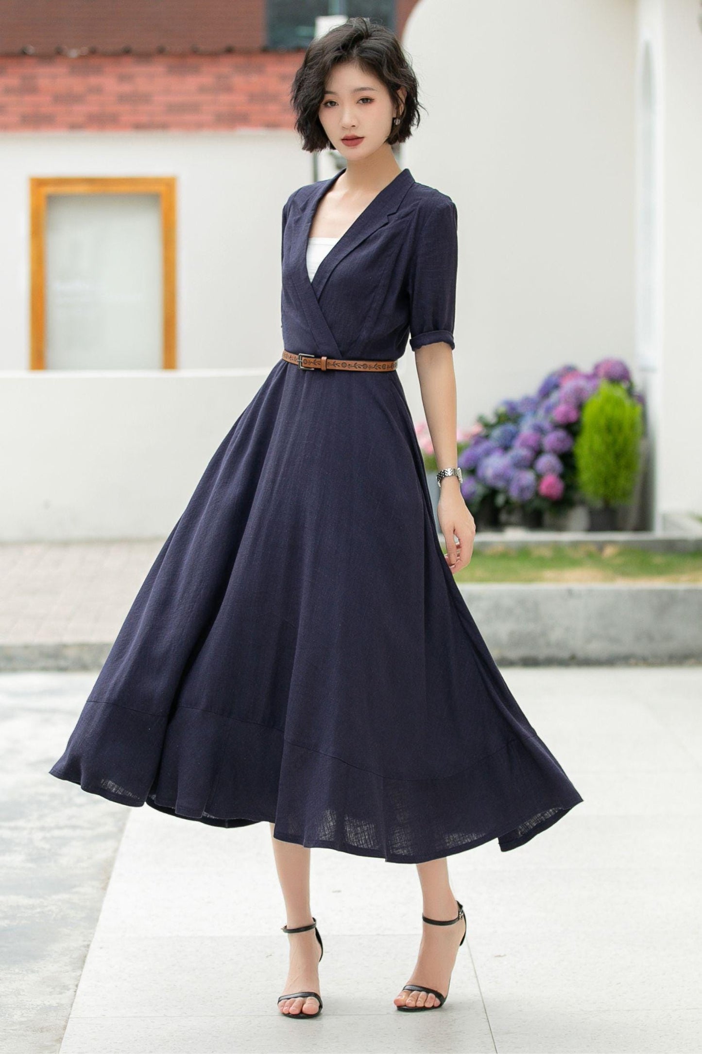 Navy Linen Midi Dress: Wrap V-Neck A-Line Half Sleeve Dress, Custom, Xiaolizi 5979