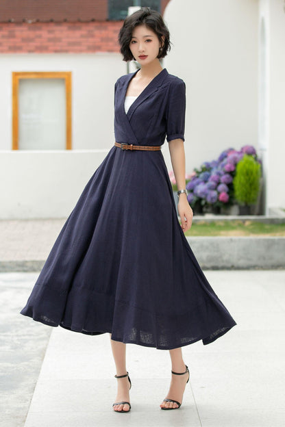 Navy Linen Midi Dress: Wrap V-Neck A-Line Half Sleeve Dress, Custom, Xiaolizi 5979