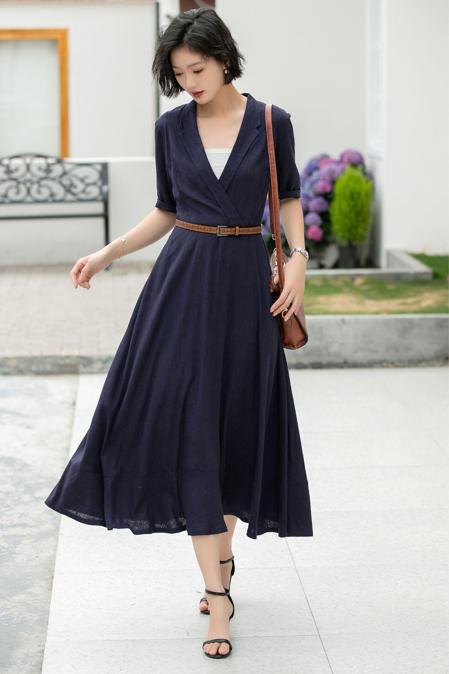 Navy Linen Midi Dress: Wrap V-Neck A-Line Half Sleeve Dress, Custom, Xiaolizi 5979