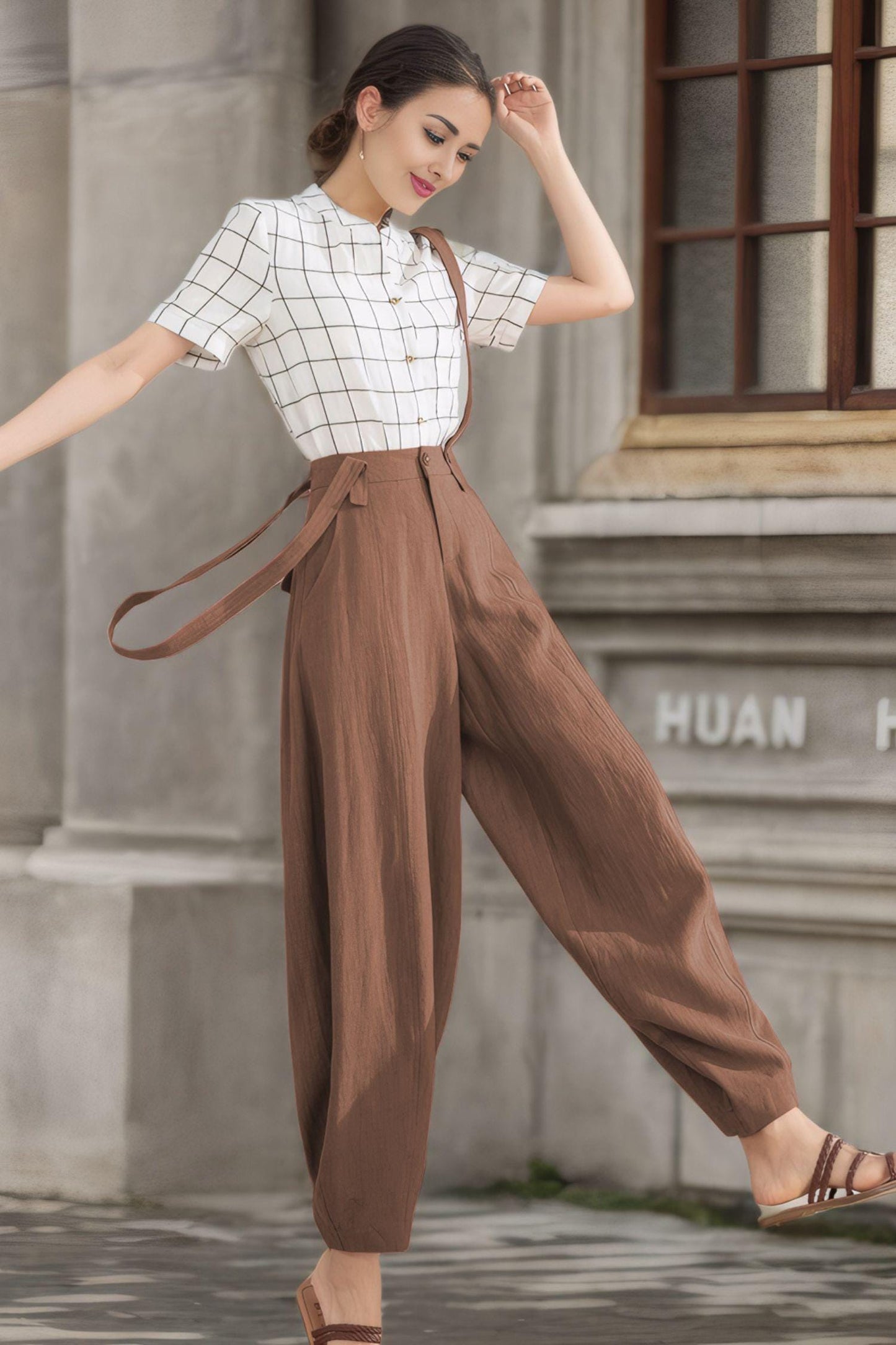 Brown Linen Suspender Pants for Women – Relaxed Fit Baggy Summer Trousers with Side Pockets, Xiaolizi  6121