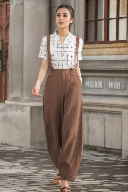 Brown Linen Suspender Pants for Women – Relaxed Fit Baggy Summer Trousers with Side Pockets, Xiaolizi  6121