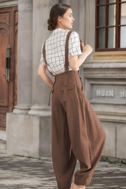 Brown Linen Suspender Pants for Women – Relaxed Fit Baggy Summer Trousers with Side Pockets, Xiaolizi  6121