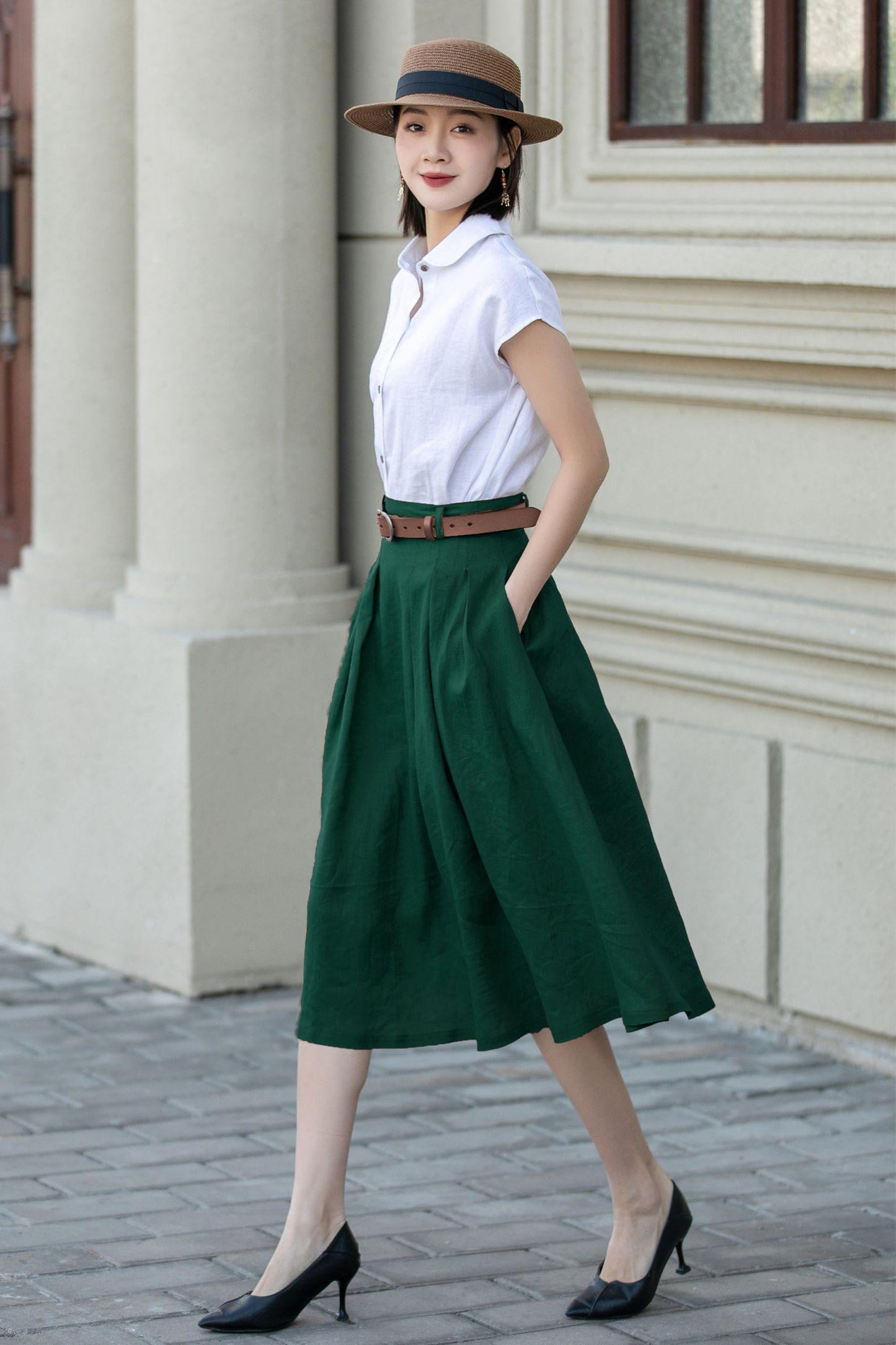 Green Cotton Linen Midi Skirt: Pleated A-Line Office Wear with Pockets, Handmade skirt, Xiaolizi 5557#