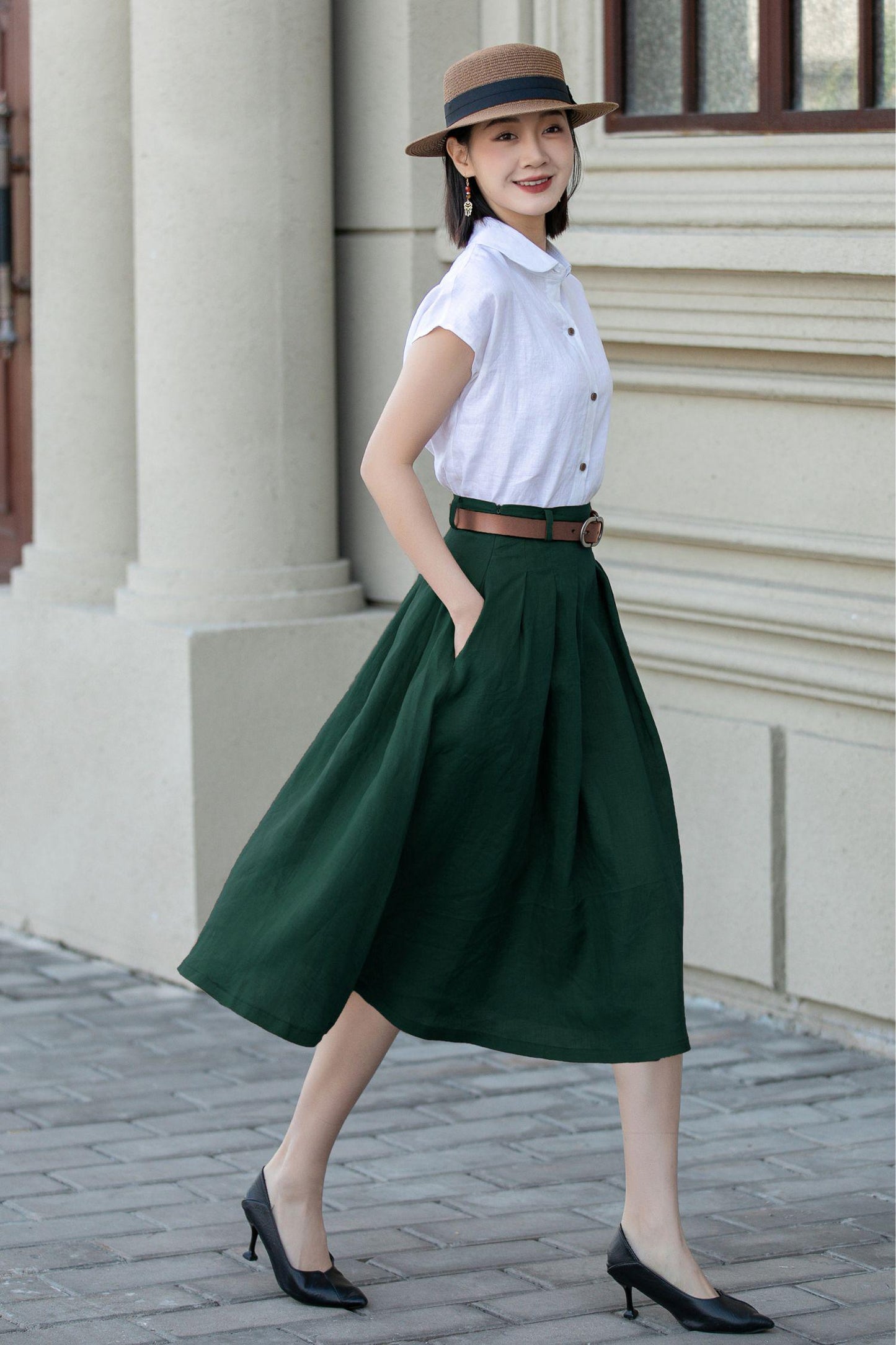 Green Cotton Linen Midi Skirt: Pleated A-Line Office Wear with Pockets, Handmade skirt, Xiaolizi 5557#