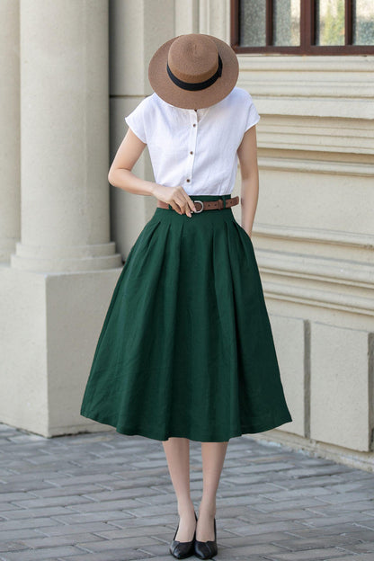 Green Cotton Linen Midi Skirt: Pleated A-Line Office Wear with Pockets, Handmade skirt, Xiaolizi 5557#