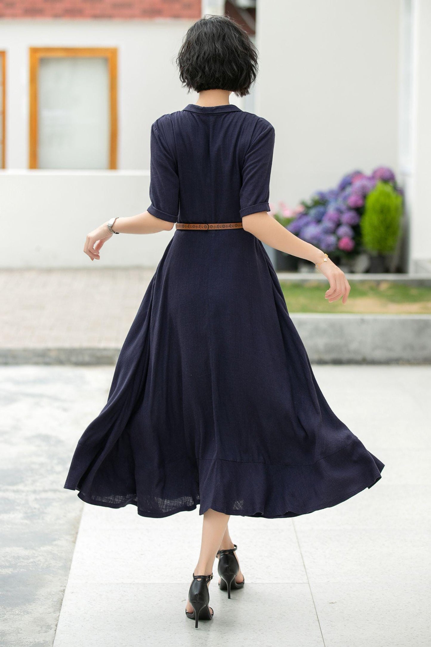 Navy Linen Midi Dress: Wrap V-Neck A-Line Half Sleeve Dress, Custom, Xiaolizi 5979