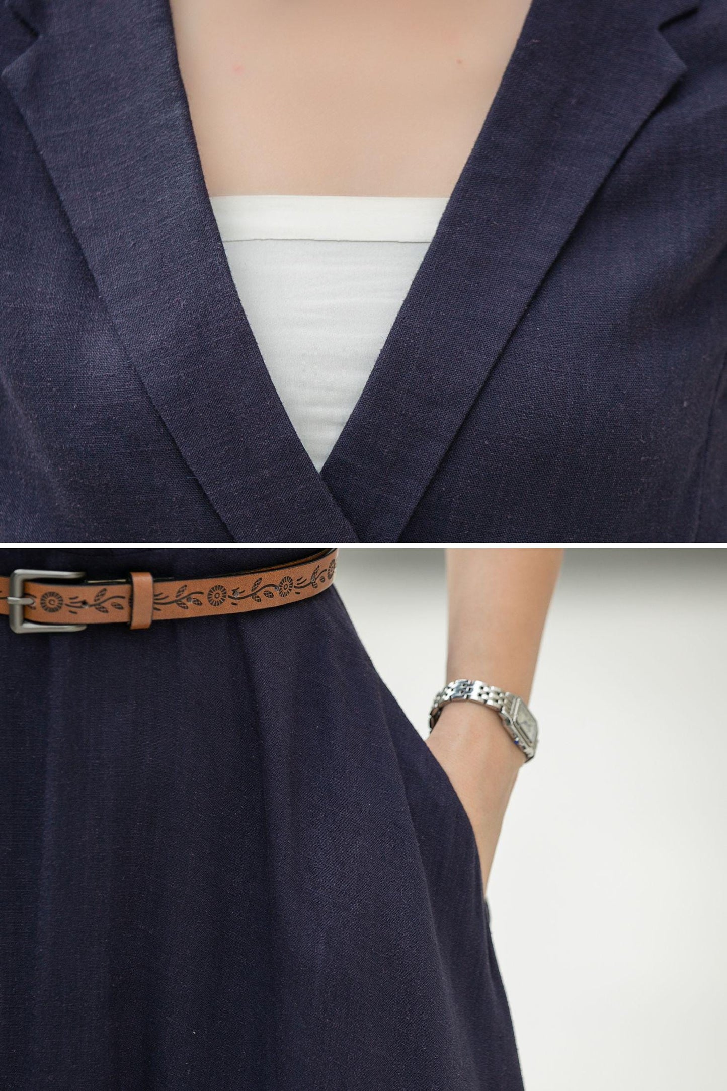 Navy Linen Midi Dress: Wrap V-Neck A-Line Half Sleeve Dress, Custom, Xiaolizi 5979