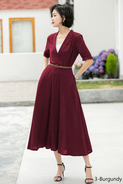 Navy Linen Midi Dress: Wrap V-Neck A-Line Half Sleeve Dress, Custom, Xiaolizi 5979