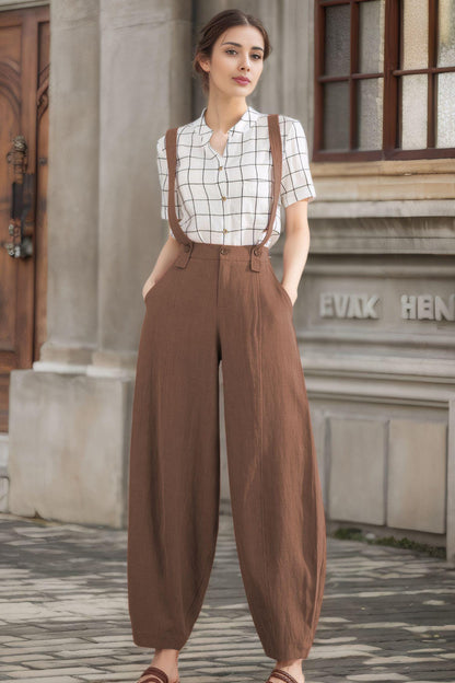 Brown Linen Suspender Pants for Women – Relaxed Fit Baggy Summer Trousers with Side Pockets, Xiaolizi  6121