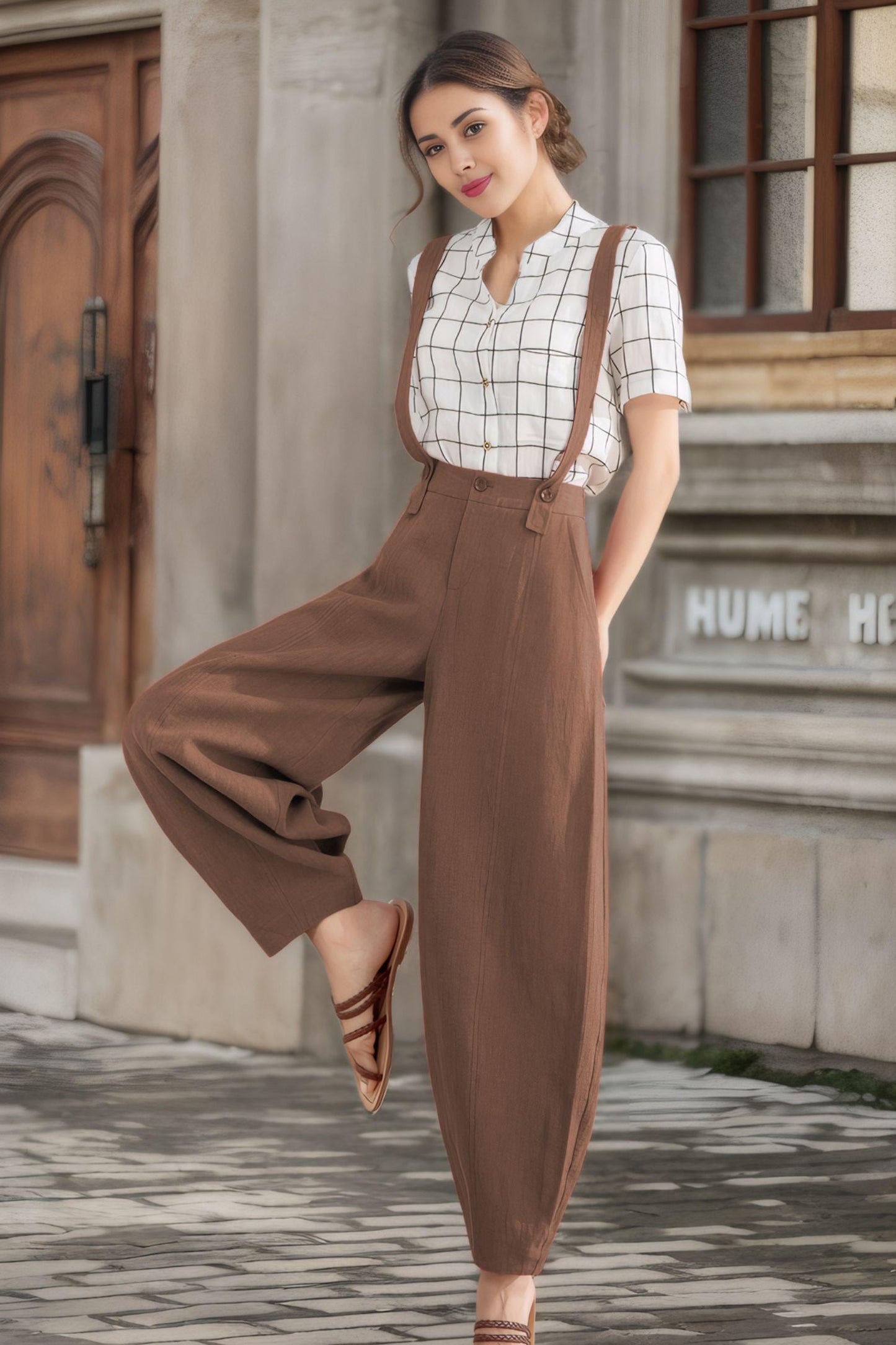 Brown Linen Suspender Pants for Women – Relaxed Fit Baggy Summer Trousers with Side Pockets, Xiaolizi  6121