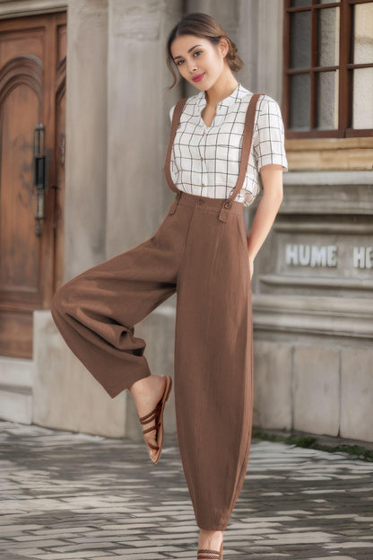 Brown Linen Suspender Pants for Women – Relaxed Fit Baggy Summer Trousers with Side Pockets, Xiaolizi  6121