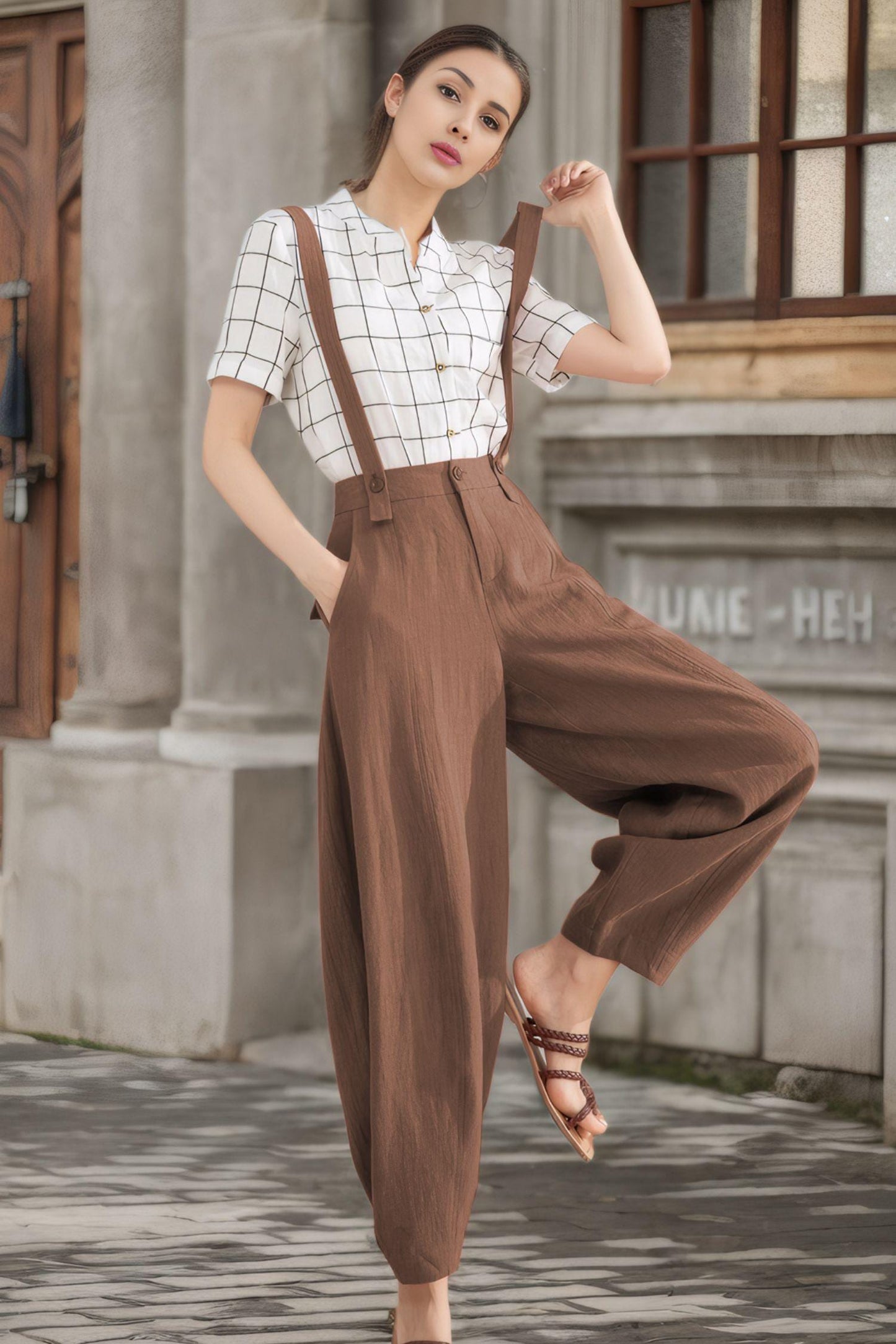 Brown Linen Suspender Pants for Women – Relaxed Fit Baggy Summer Trousers with Side Pockets, Xiaolizi  6121