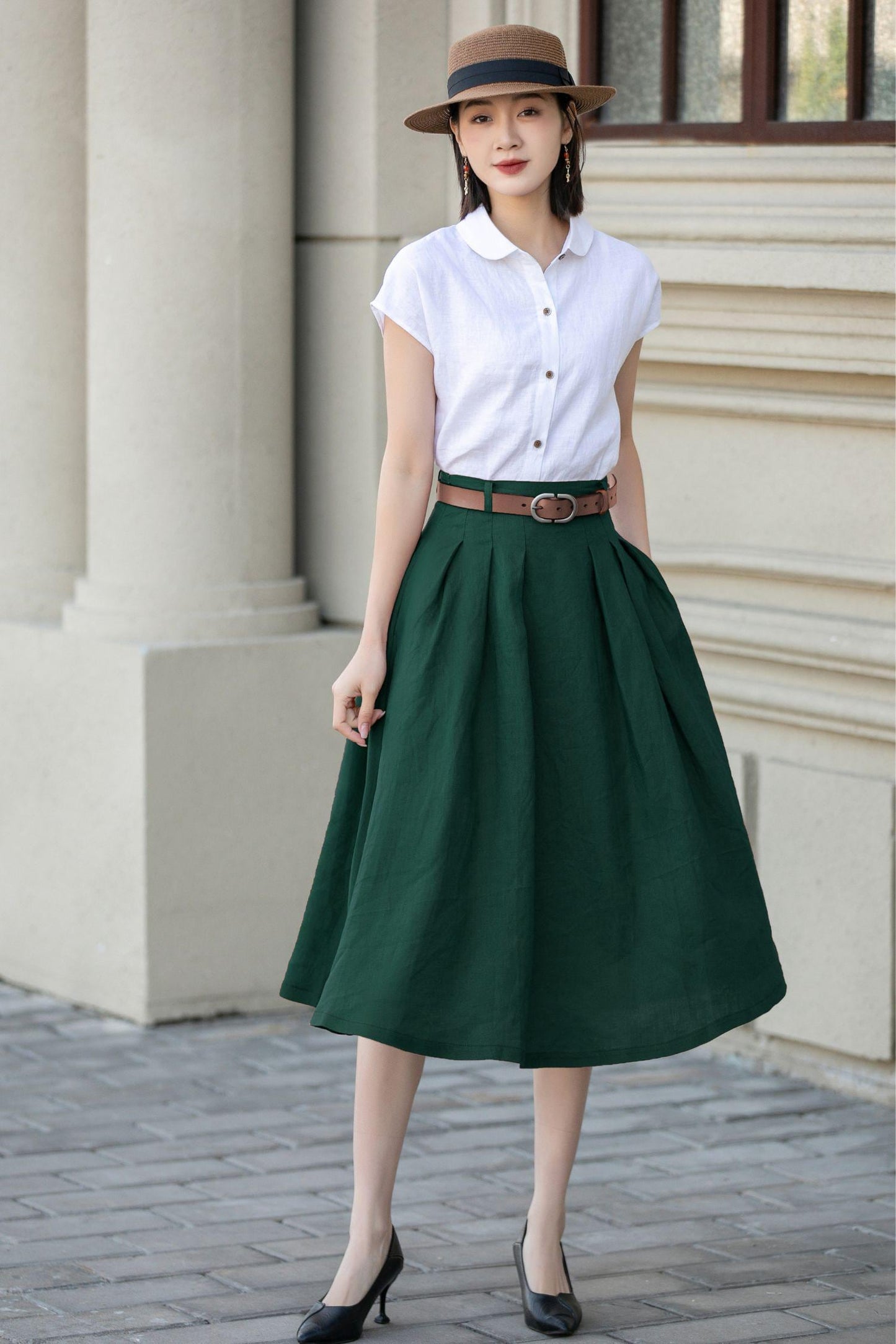 Green Cotton Linen Midi Skirt: Pleated A-Line Office Wear with Pockets, Handmade skirt, Xiaolizi 5557#