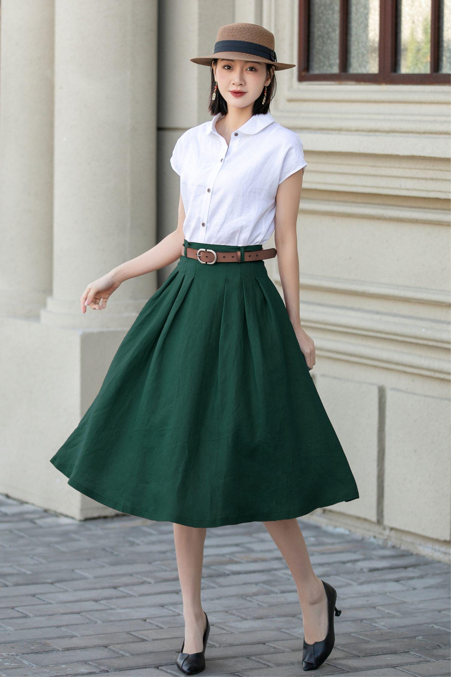 Green Cotton Linen Midi Skirt: Pleated A-Line Office Wear with Pockets, Handmade skirt, Xiaolizi 5557#