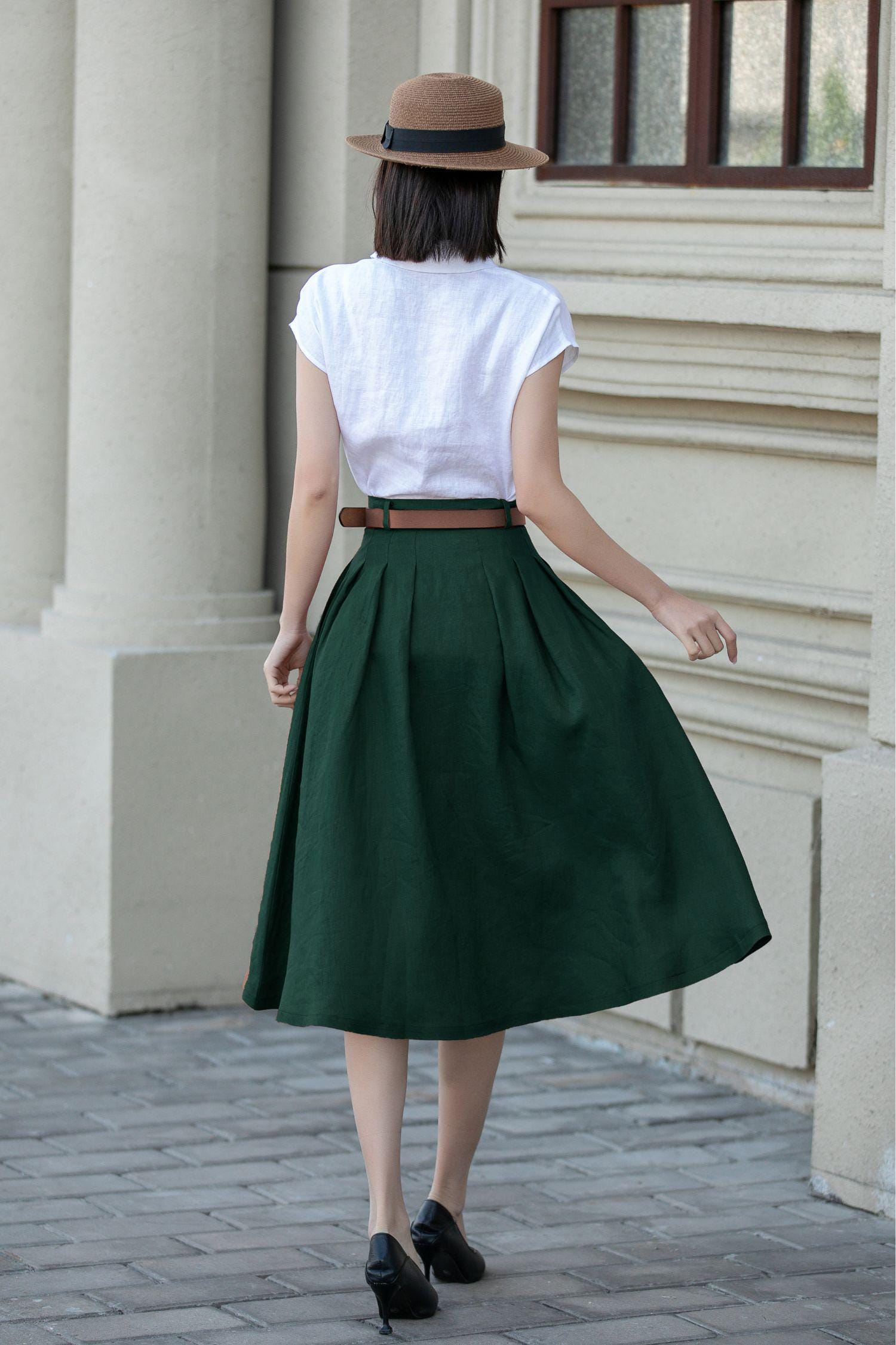 Green Cotton Linen Midi Skirt: Pleated A-Line Office Wear with Pockets, Handmade skirt, Xiaolizi 5557#