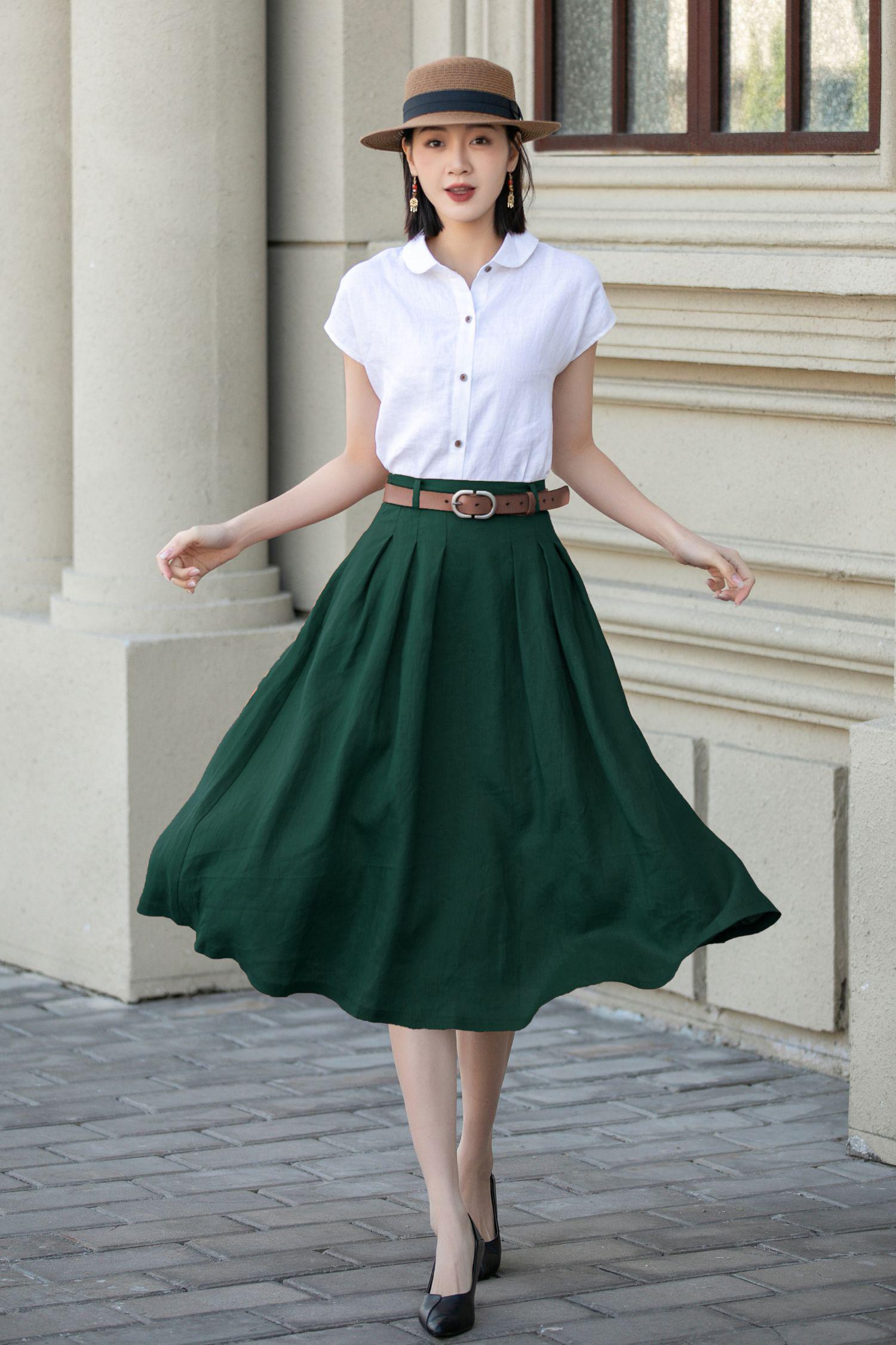 Green Cotton Linen Midi Skirt: Pleated A-Line Office Wear with Pockets, Handmade skirt, Xiaolizi 5557#