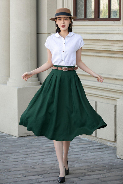 Green Cotton Linen Midi Skirt: Pleated A-Line Office Wear with Pockets, Handmade skirt, Xiaolizi 5557#