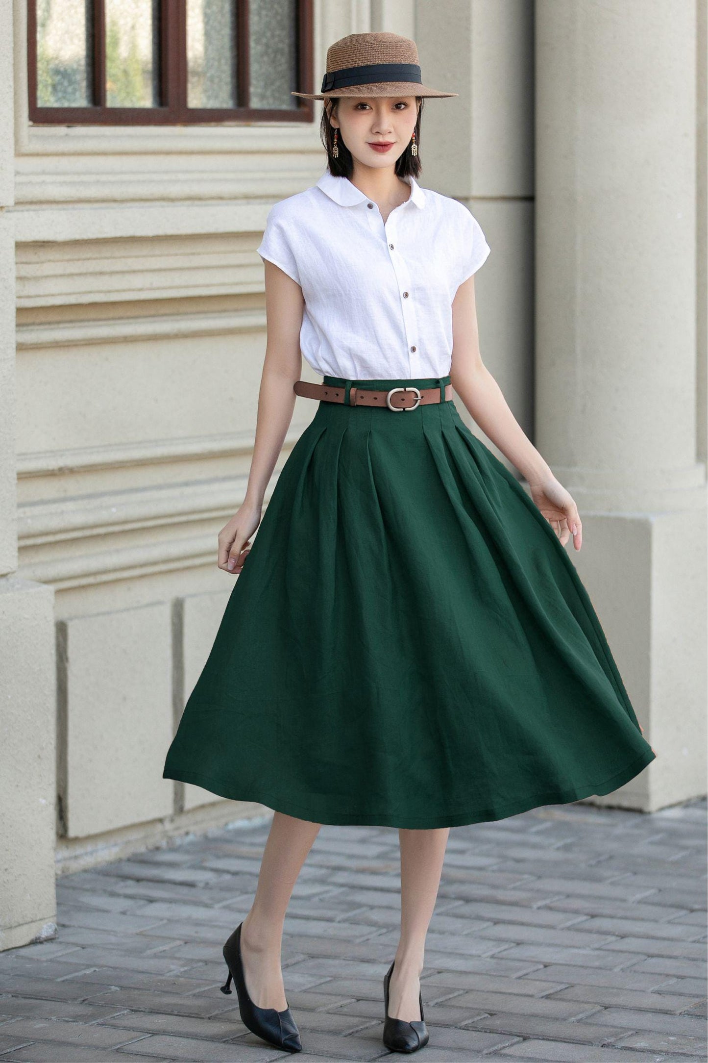 Green Cotton Linen Midi Skirt: Pleated A-Line Office Wear with Pockets, Handmade skirt, Xiaolizi 5557#