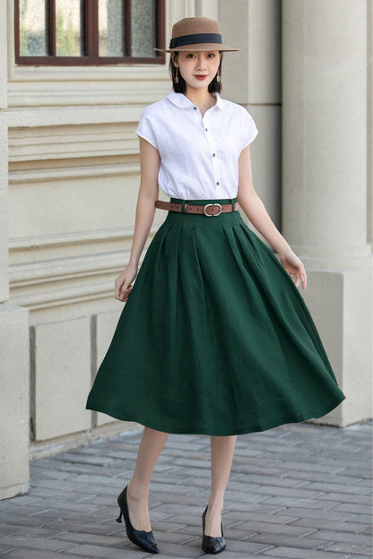 Green Cotton Linen Midi Skirt: Pleated A-Line Office Wear with Pockets, Handmade skirt, Xiaolizi 5557#