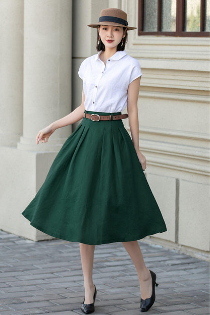 Green Cotton Linen Midi Skirt: Pleated A-Line Office Wear with Pockets, Handmade skirt, Xiaolizi 5557#