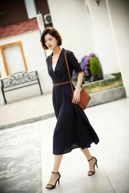 Navy Linen Midi Dress: Wrap V-Neck A-Line Half Sleeve Dress, Custom, Xiaolizi 5979