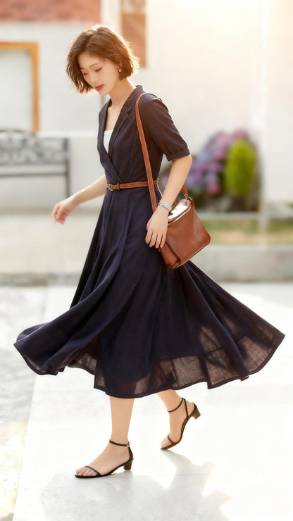 Navy Linen Midi Dress: Wrap V-Neck A-Line Half Sleeve Dress, Custom, Xiaolizi 5979