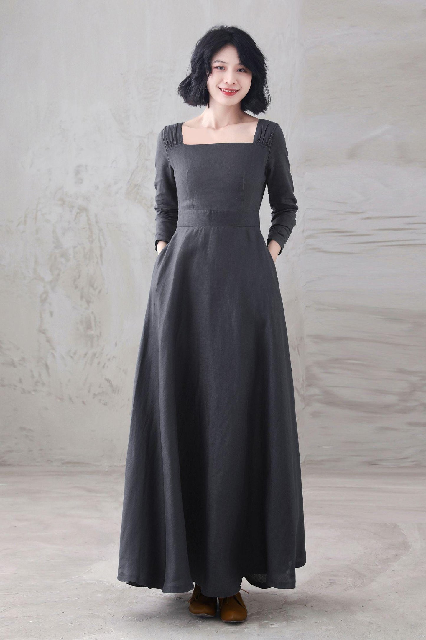 Gray Linen Maxi Dress: Square Neck Long Sleeve Flared Dress, Custom, Xiaolizi 6669