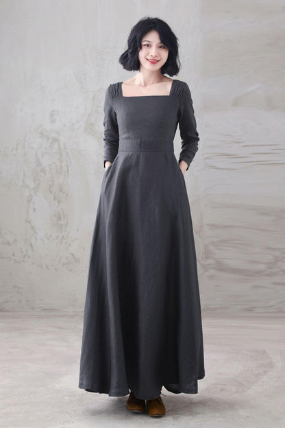 Gray Linen Maxi Dress: Square Neck Long Sleeve Flared Dress, Custom, Xiaolizi 6669