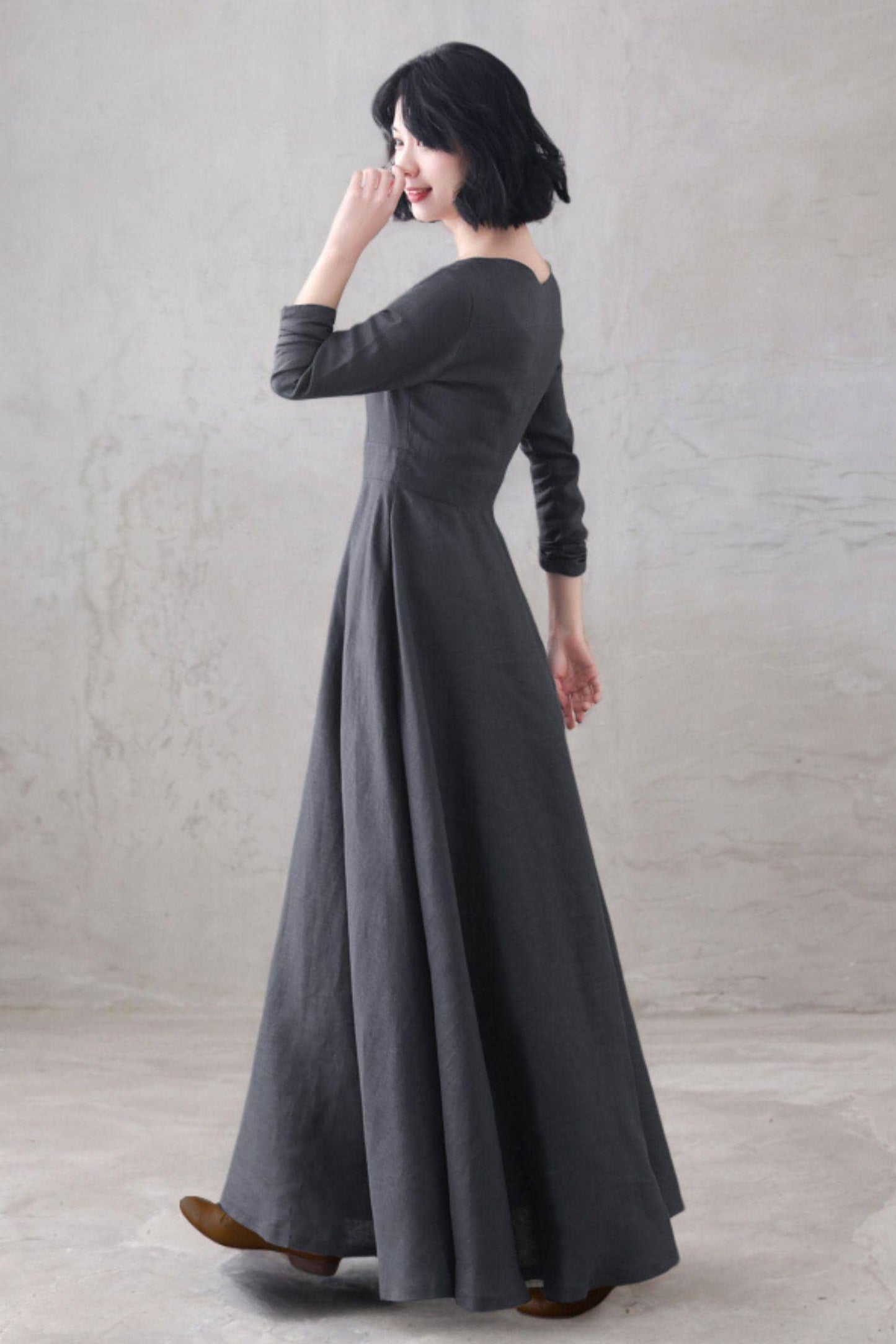 Gray Linen Maxi Dress: Square Neck Long Sleeve Flared Dress, Custom, Xiaolizi 6669