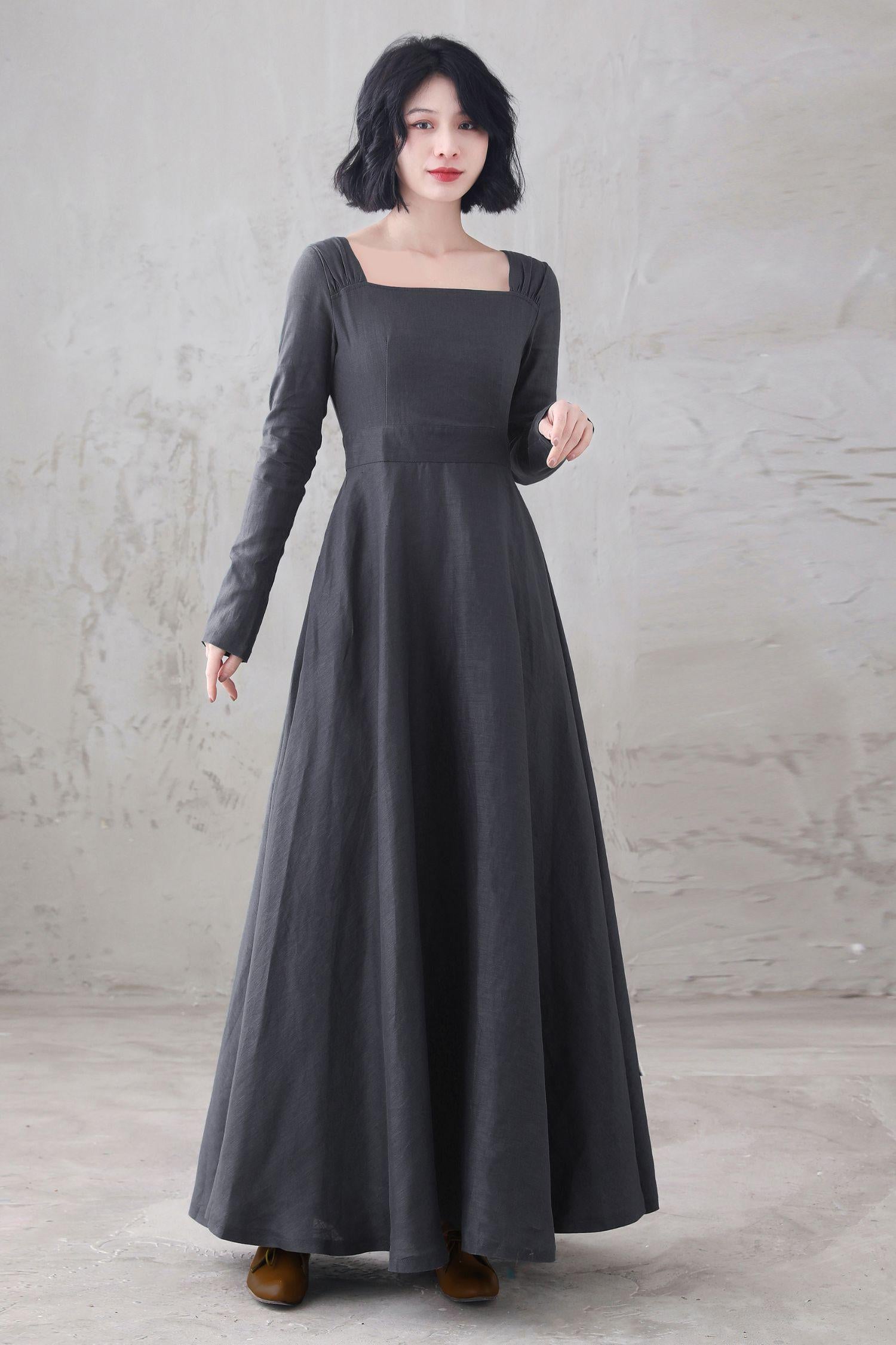 Gray Linen Maxi Dress: Square Neck Long Sleeve Flared Dress, Custom, Xiaolizi 6669