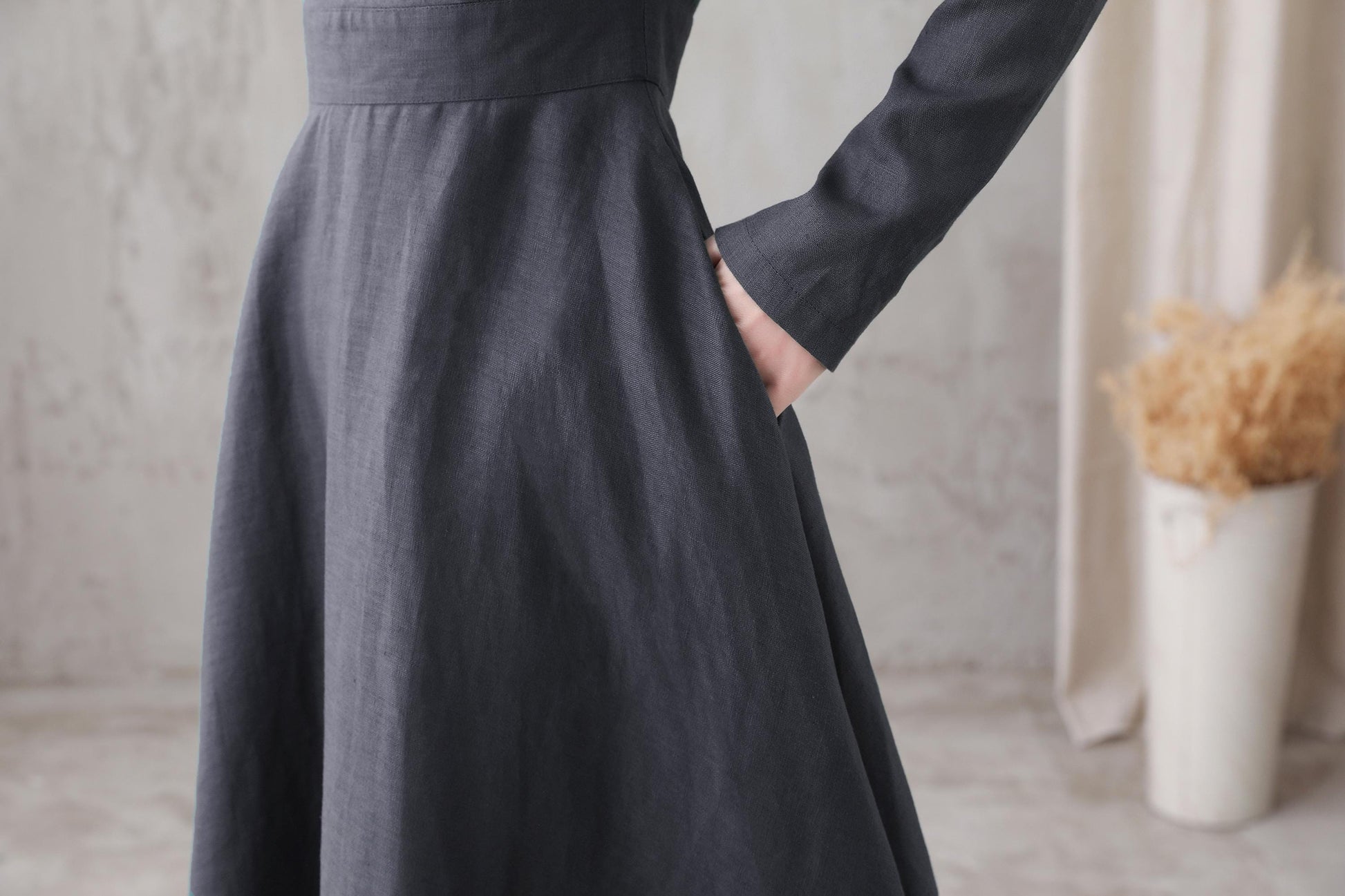 Gray Linen Maxi Dress: Square Neck Long Sleeve Flared Dress, Custom, Xiaolizi 6669