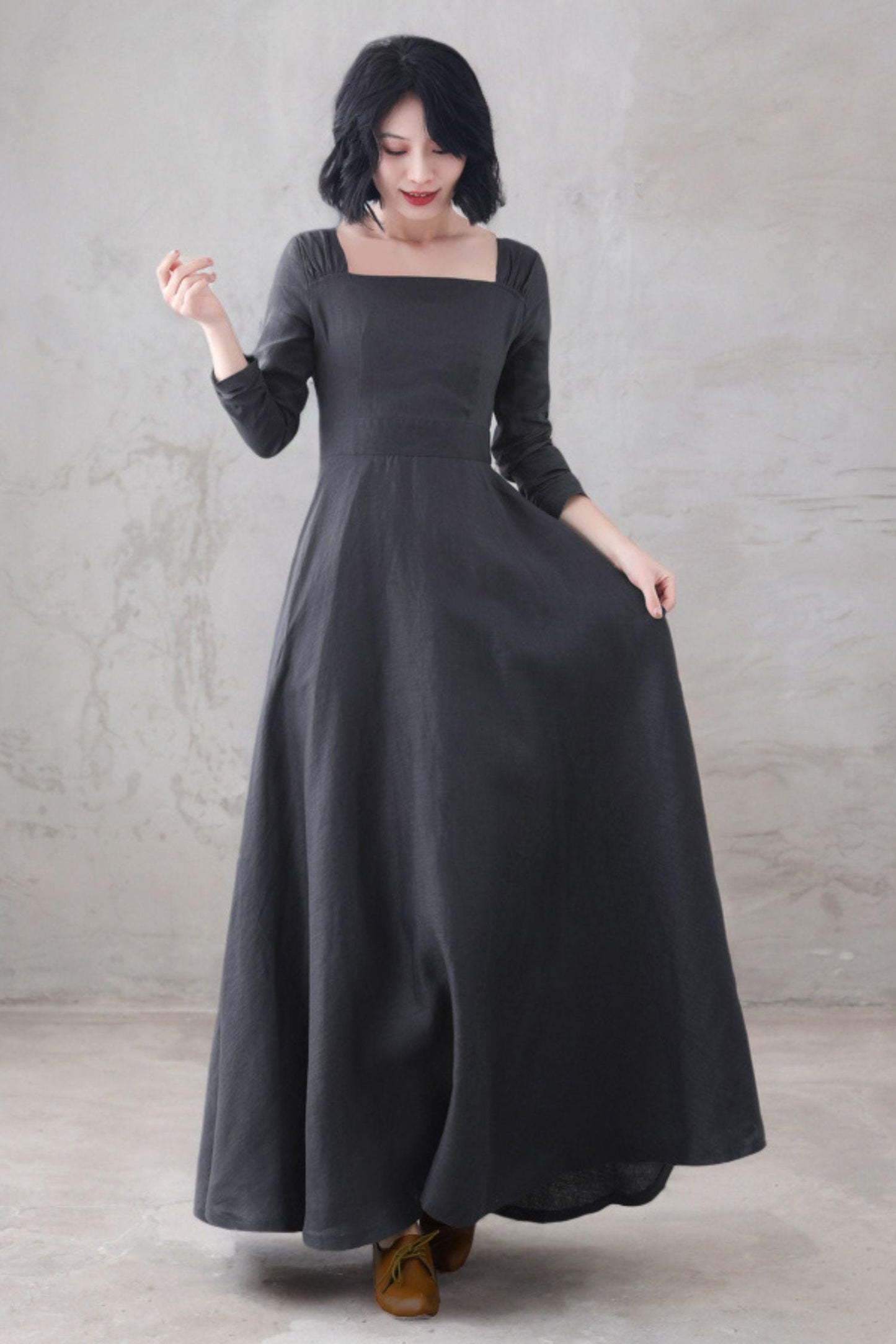 Gray Linen Maxi Dress: Square Neck Long Sleeve Flared Dress, Custom, Xiaolizi 6669