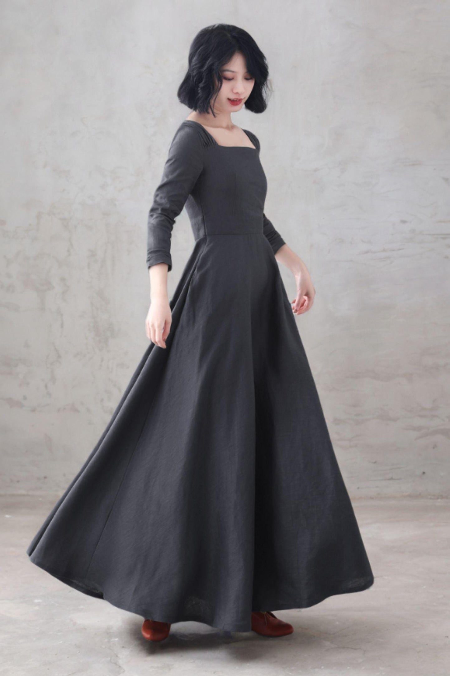 Gray Linen Maxi Dress: Square Neck Long Sleeve Flared Dress, Custom, Xiaolizi 6669