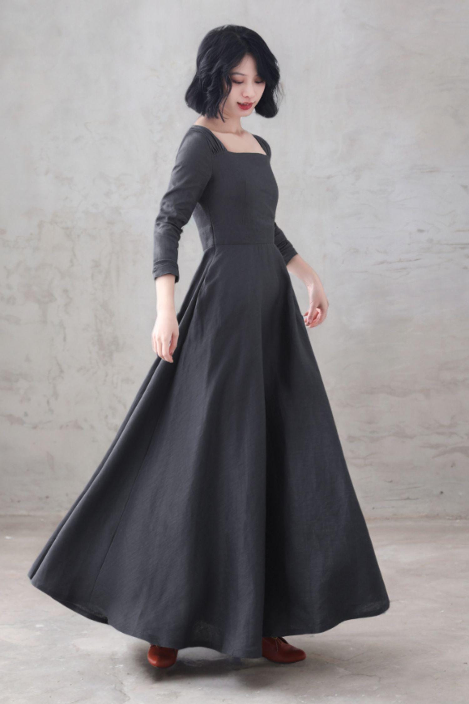 Gray Linen Maxi Dress: Square Neck Long Sleeve Flared Dress, Custom, Xiaolizi 6669
