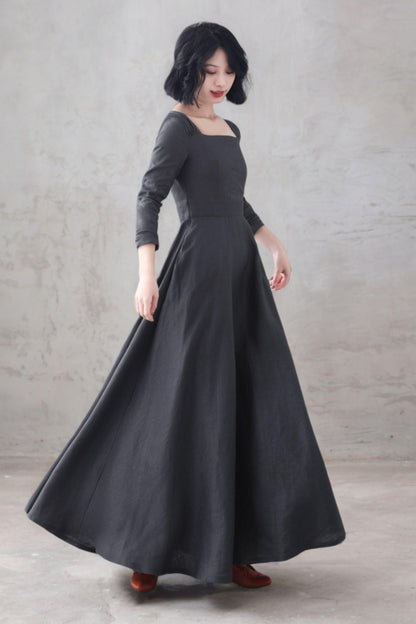 Gray Linen Maxi Dress: Square Neck Long Sleeve Flared Dress, Custom, Xiaolizi 6669