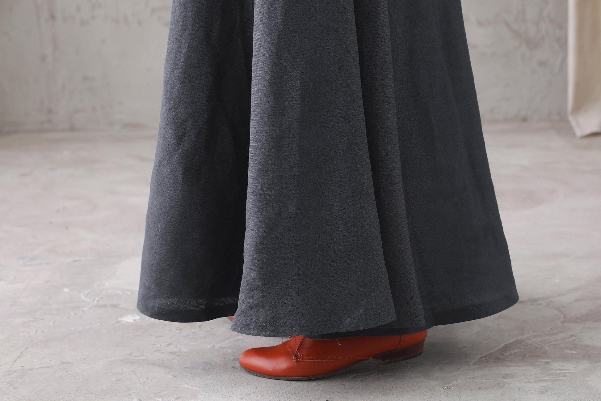 Gray Linen Maxi Dress: Square Neck Long Sleeve Flared Dress, Custom, Xiaolizi 6669