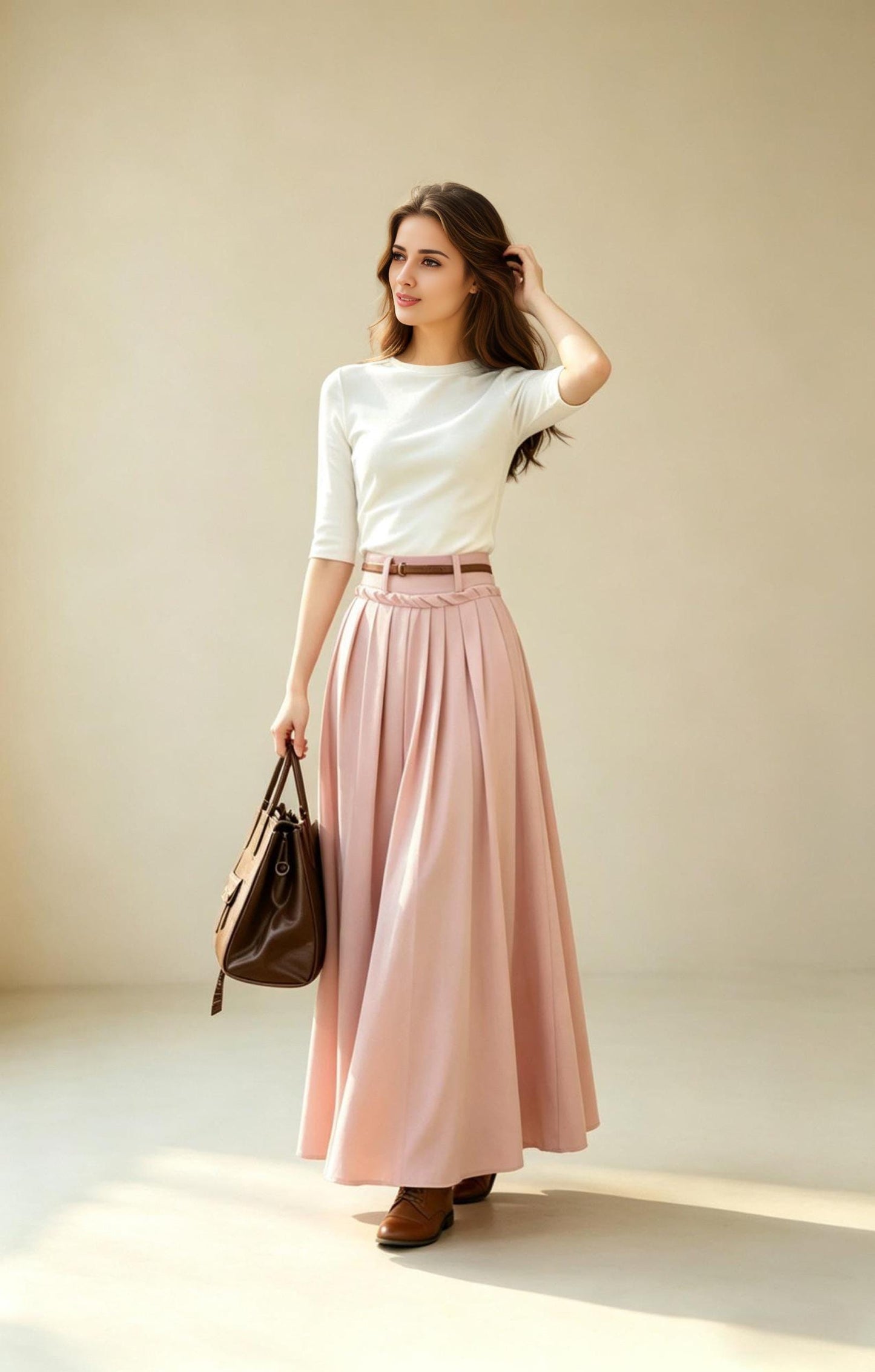 Pink Linen Maxi Skirt with Pockets, High Waisted Pleated Cotton Linen Long Skirt, Dusty Pink Boho Summer Skirt, Xiaolizi 6788