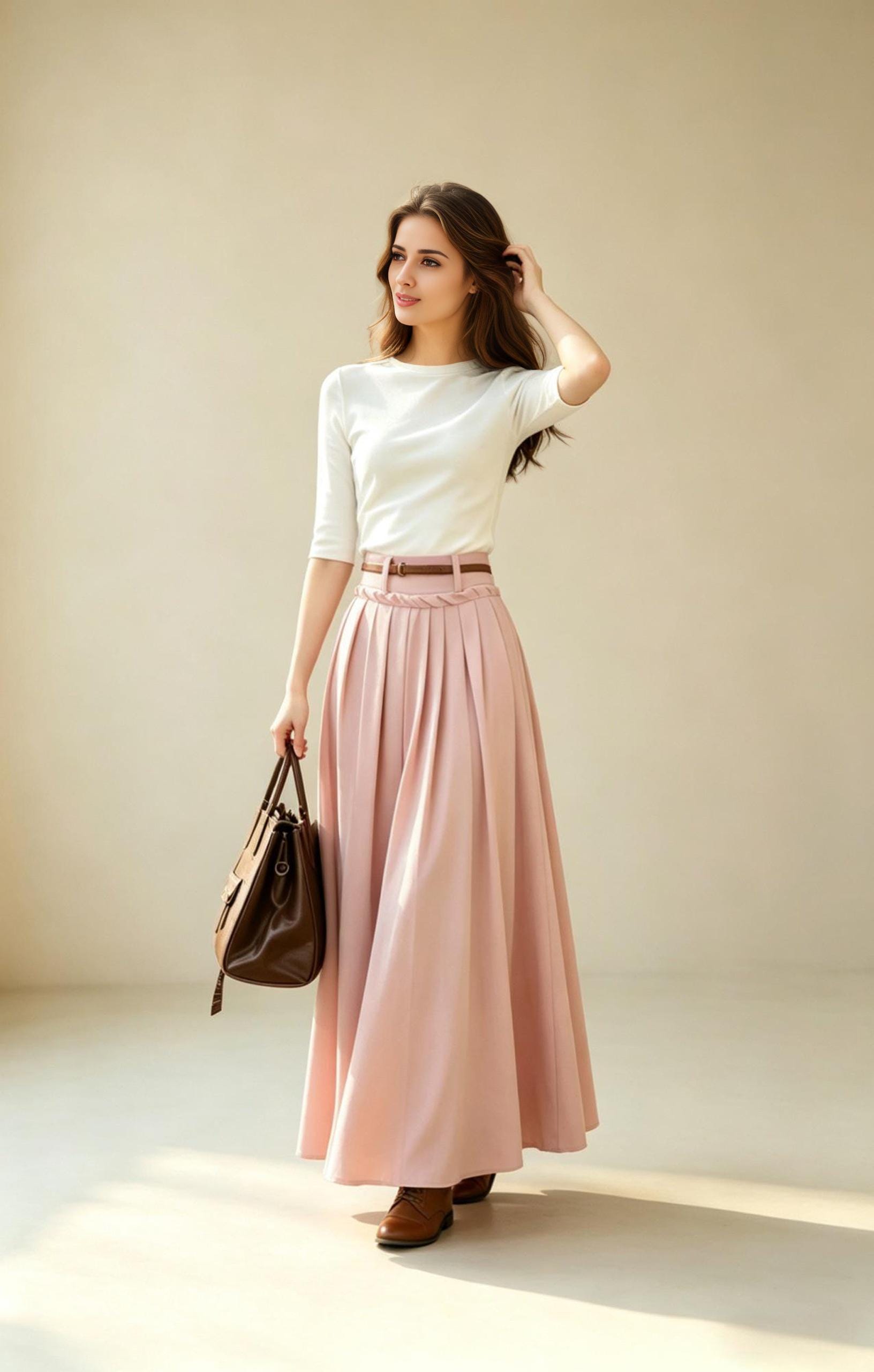 Pink Linen Maxi Skirt with Pockets, High Waisted Pleated Cotton Linen Long Skirt, Dusty Pink Boho Summer Skirt, Xiaolizi 6788