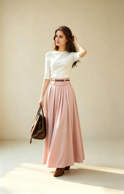 Pink Linen Maxi Skirt with Pockets, High Waisted Pleated Cotton Linen Long Skirt, Dusty Pink Boho Summer Skirt, Xiaolizi 6788