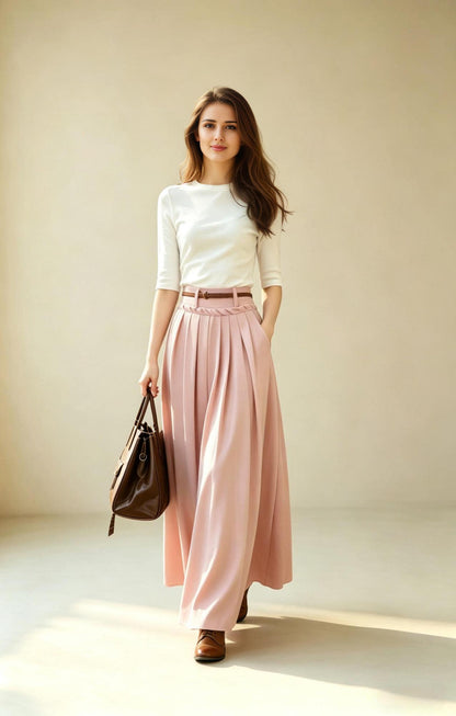 Pink Linen Maxi Skirt with Pockets, High Waisted Pleated Cotton Linen Long Skirt, Dusty Pink Boho Summer Skirt, Xiaolizi 6788