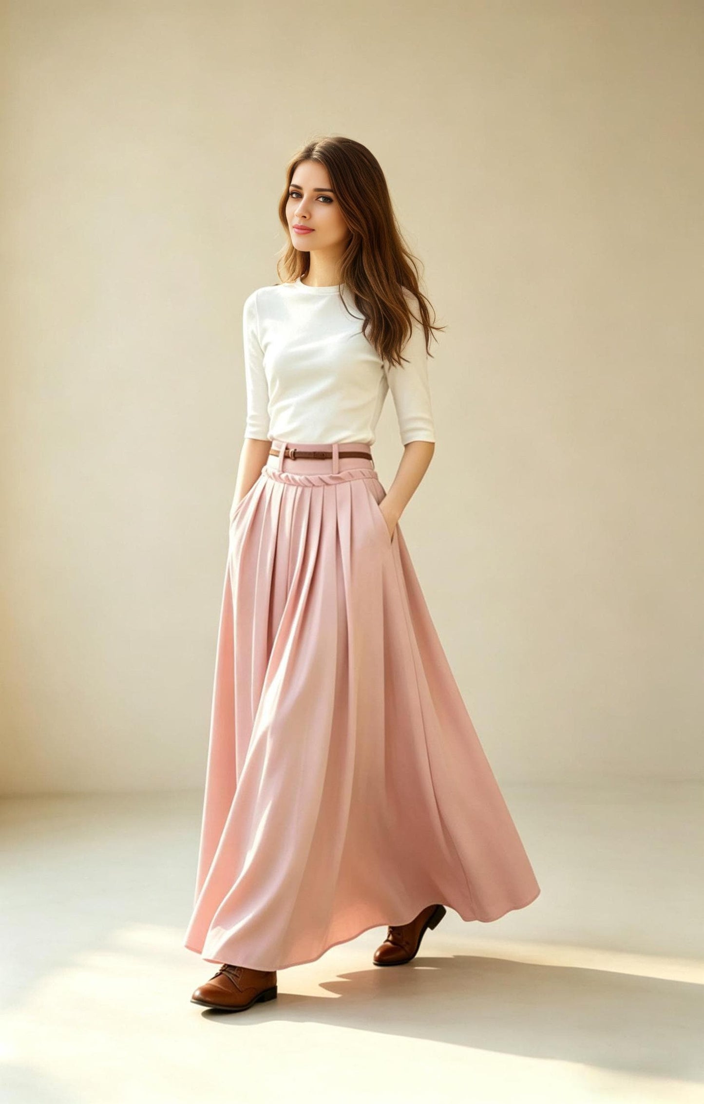 Pink Linen Maxi Skirt with Pockets, High Waisted Pleated Cotton Linen Long Skirt, Dusty Pink Boho Summer Skirt, Xiaolizi 6788