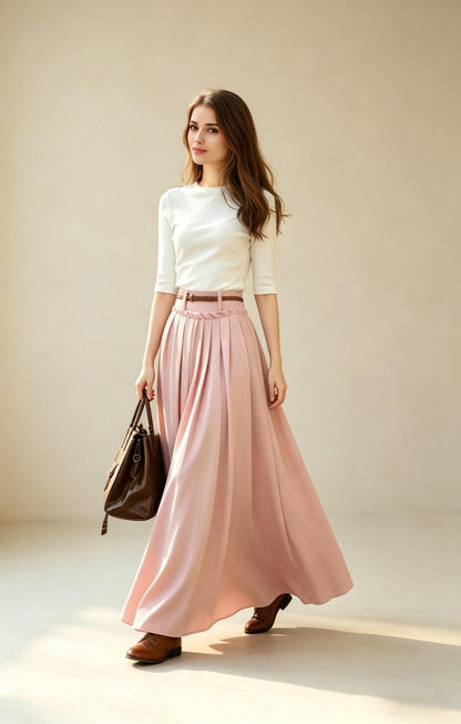 Pink Linen Maxi Skirt with Pockets, High Waisted Pleated Cotton Linen Long Skirt, Dusty Pink Boho Summer Skirt, Xiaolizi 6788