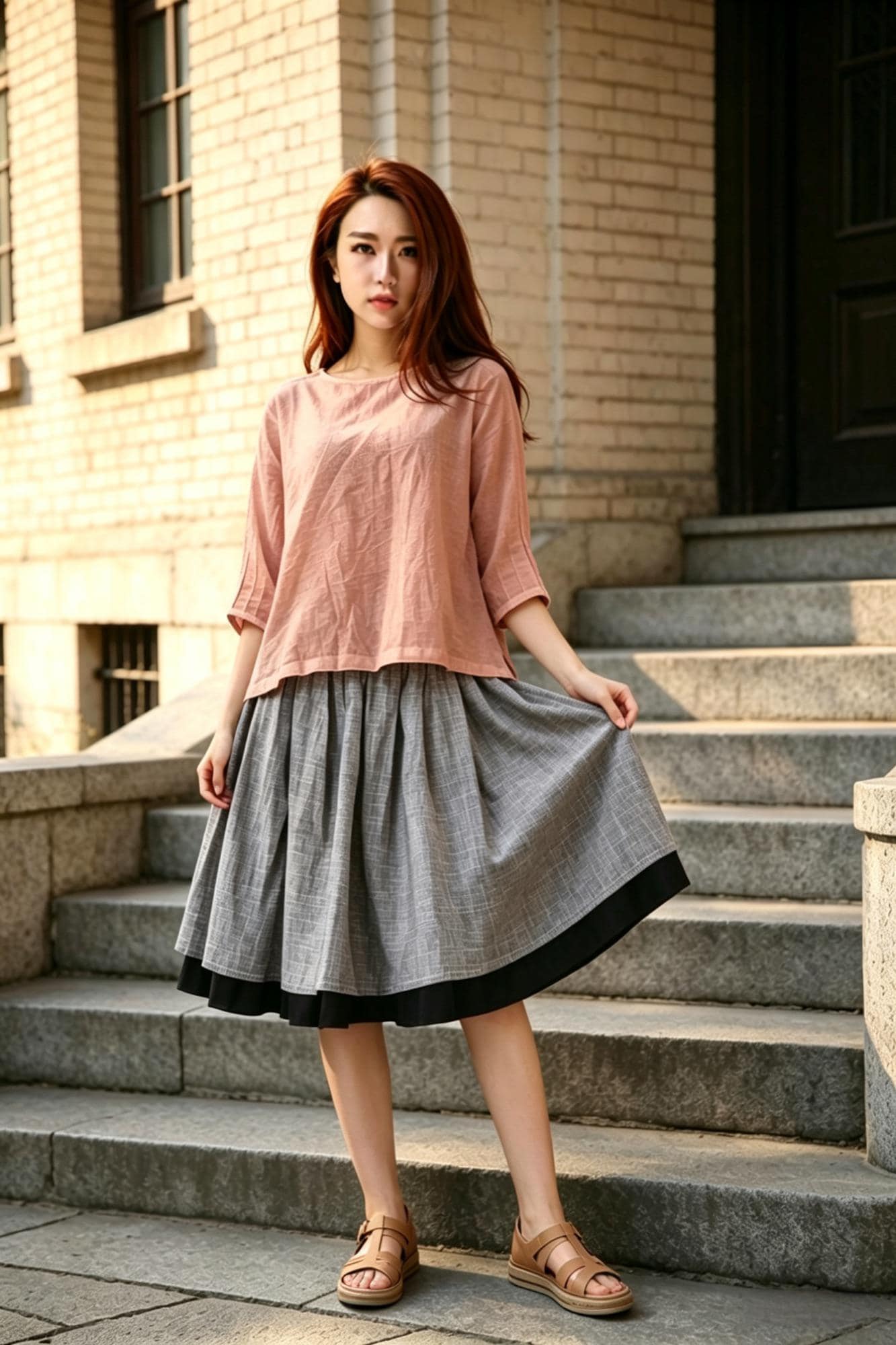Pink Linen Top, Oversized Loose Blouse, Mori Girl Minimalist Shirt, Breathable Summer Tunic, Boho Casual Short Sleeve Blouse, Xiaolizi 6796#
