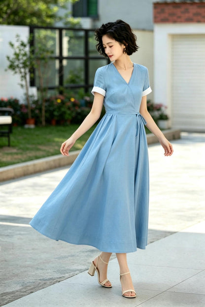 French Retro Blue Linen Wrap Dress - Midi Swing Dress with Pockets - Custom Summer Garden Party Dress, Xiaolizi 6790