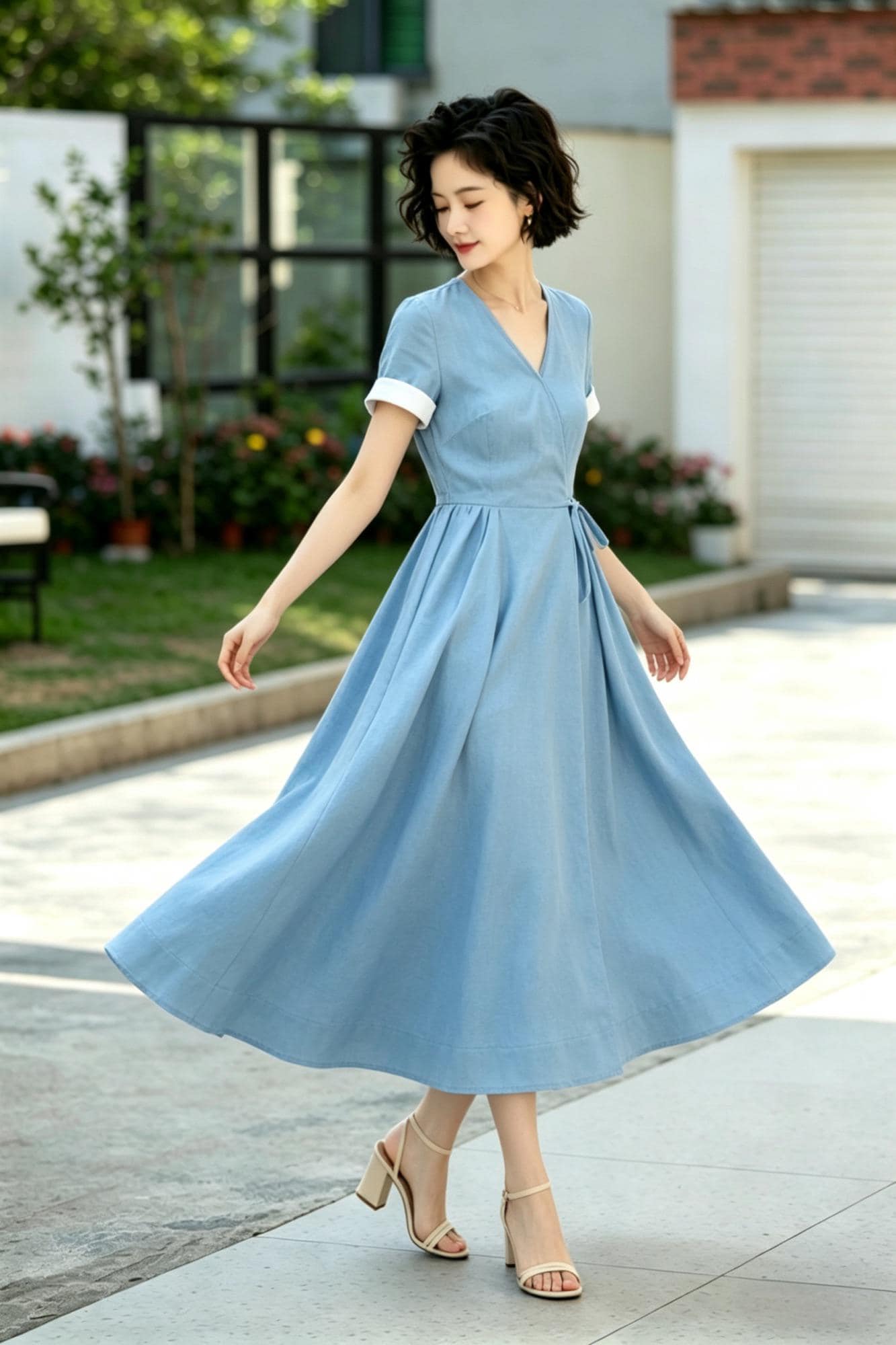 French Retro Blue Linen Wrap Dress - Midi Swing Dress with Pockets - Custom Summer Garden Party Dress, Xiaolizi 6790