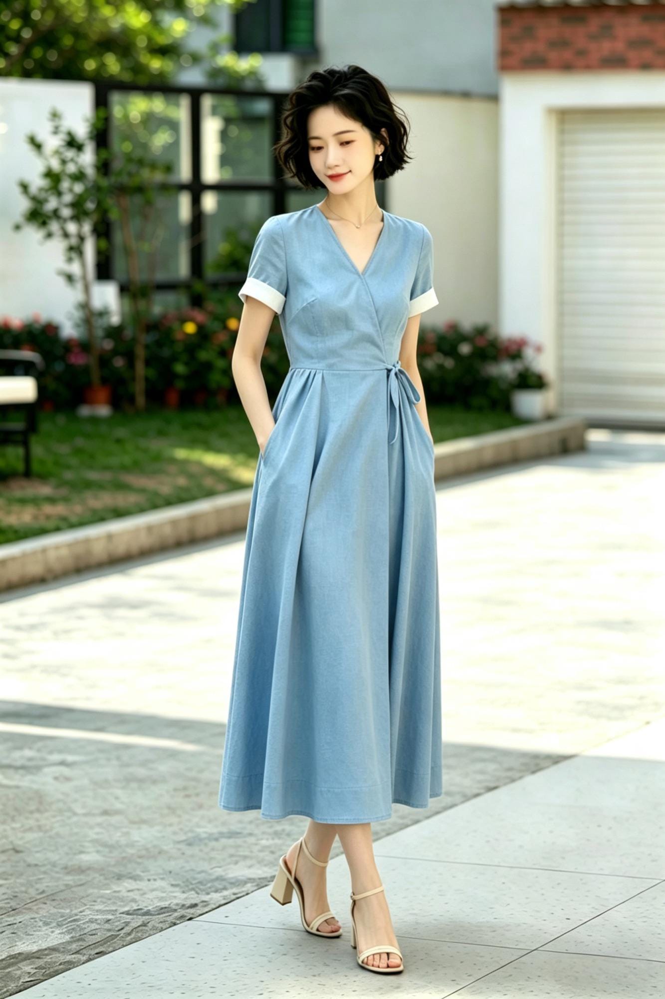 French Retro Blue Linen Wrap Dress - Midi Swing Dress with Pockets - Custom Summer Garden Party Dress, Xiaolizi 6790